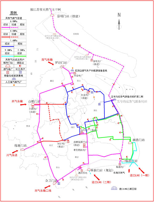 上海市天然气主干管网和重点设施“十二五”规划示意图