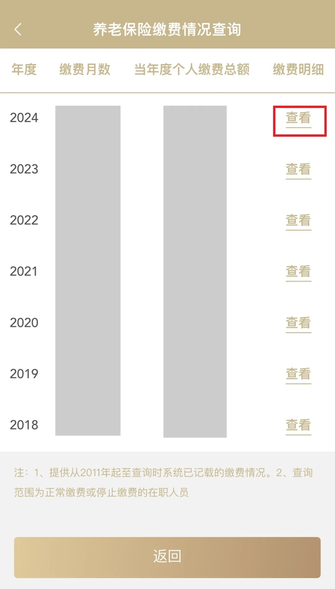 第四步:在“养老保险缴费情况查询”界面内,你能查询到对应年度的缴费月数、当年度个人缴费总额等信息,点击“缴费明细”的“查看”。.jpg 第四步:在“养老保险缴费情况查询”界面内,你能查询到对应年度的缴费月数、当年度个人缴费总额等信息,点击“缴费明细”的“查看”。.jpg