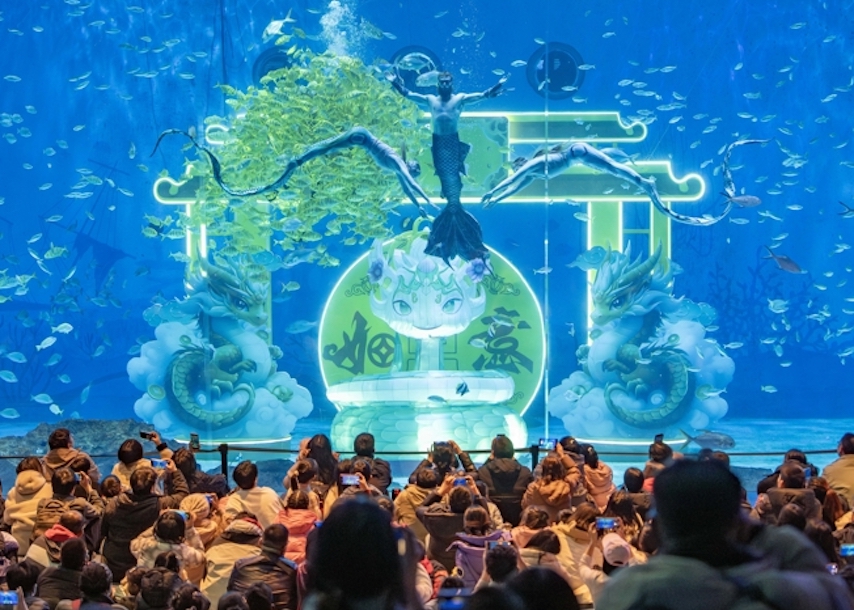 图为来自乌兹别克斯坦、俄罗斯等多个国家的水下芭蕾舞演员，为游客上演别出心裁的《灵蛇献瑞》美人鱼秀。.jpg