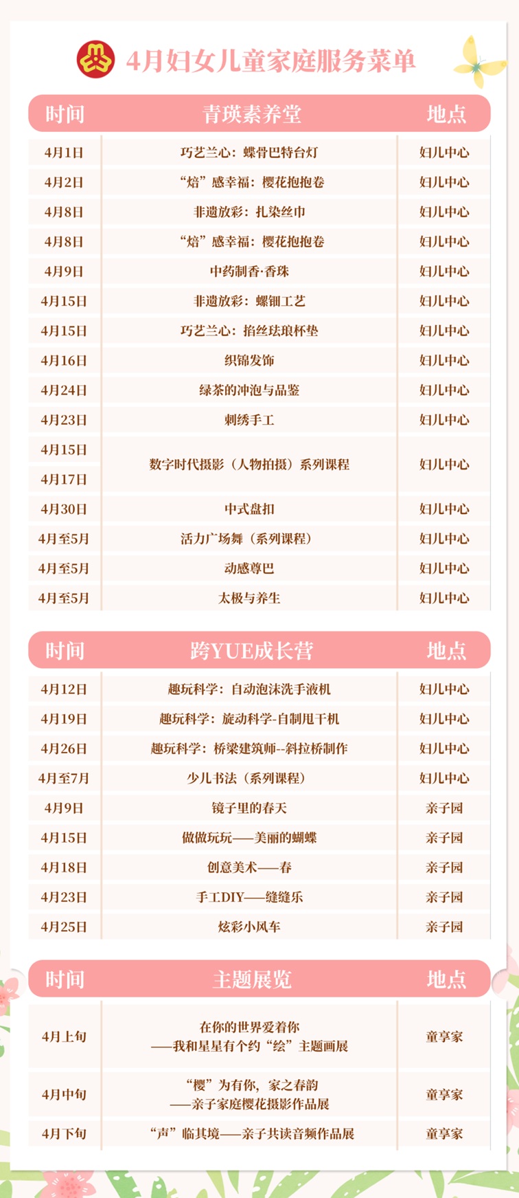 青浦区妇联活动预告：2025年4月妇儿家庭服务菜单上线啦