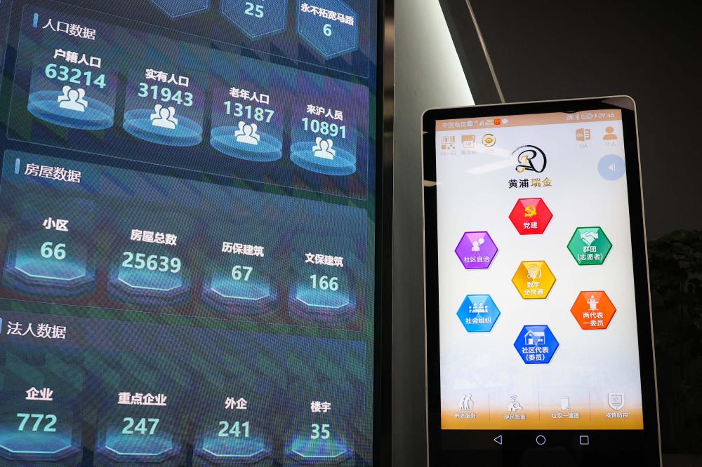 瑞金二路街道城市运行管理中心大屏幕显示的功能模块和数据信息，有助于提升社区服务精细度.jpeg