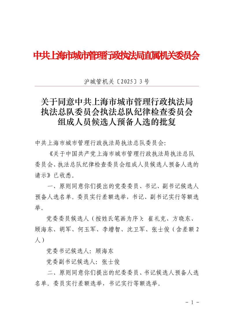 沪城管机关〔2025〕3号-关于同意中共上海市城市管理行政执法局执法总队委员会、执法总队纪律检查委员会组成人员候选人预备人选的批复_page_1.bmp