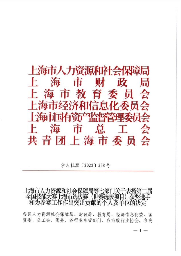 上海市人力资源和社会保障局等七部门关于表扬第二届全国技能大赛上海市选拔赛（世赛选拔项目）获奖选手和为参赛工作作出突出贡献的个人及单位的决定
